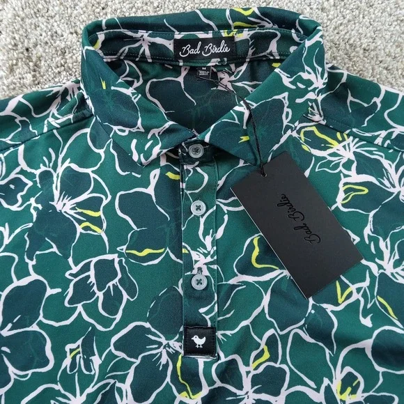 Bad Birdie‎ Shirt Mens Medium Green Floral Azalea Collection Core Polo Stretch